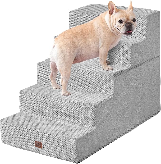 EHEYCIGA Dog Stairs for High Bed 25" H, 5-Step Extra Wide Dog Steps for Bed, Pet Steps for Small Dogs and Cats, Non-Slip Balanced Pet Ramp Indoor, Light Grey-PurrikoPets
