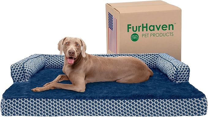 Furhaven Memory Foam Dog Bed for Large Dogs w/ Removable Bolsters & Washable Cover, For Dogs Up to 125 lbs - Plush & Woven Decor Comfy Couch Sofa - Diamond Blue, Jumbo Plus/XXL-PurrikoPets