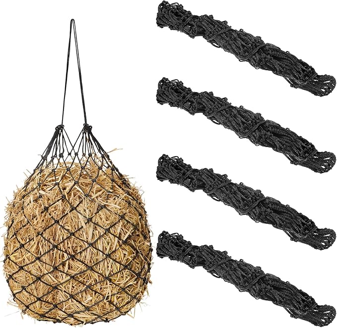 Fabbay 4 Pcs Slow Feed Hay Net Feeder Hay Bag for Horses Slow Feeder 40 Inch Length with 2 Inch Holes Hanging Horse Feed Net for Goat Cattle Equine Stalls Barn Supplies(Black)-PurrikoPets