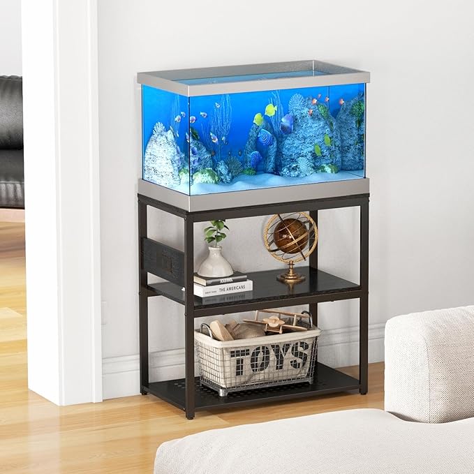 20-29 Gallon Fish Tank Stand with Power Outlets, 3-Tier Metal Aquarium Stand, Breeder Reptile Tank Stand with Shelf for Home Office, 660LBS Capacity, 29.5 x 15.8 x 30.1 inches, Black-PurrikoPets