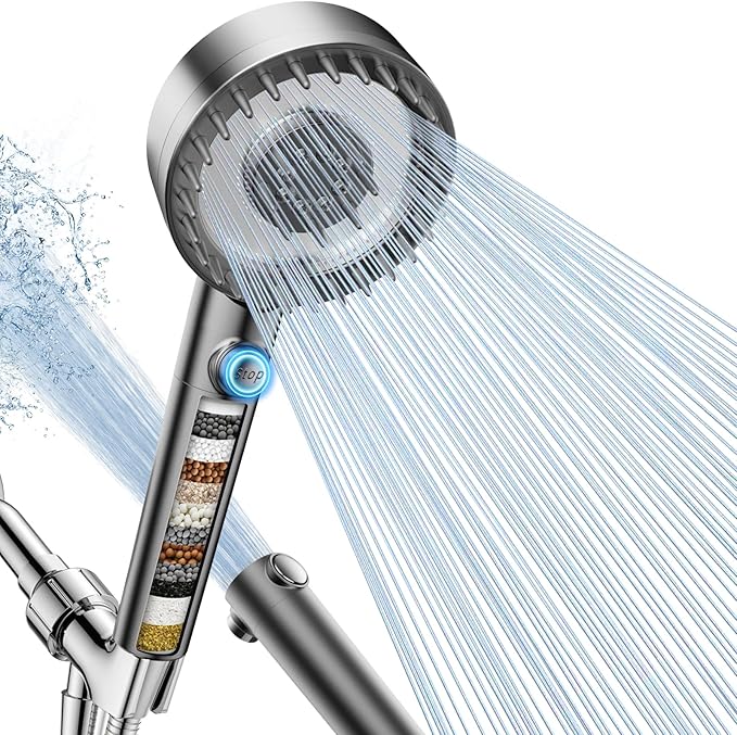 Filtered Shower Head with Handheld, High Pressure 4 Spray Mode Showerhead with Filters, Water Softener Filter Beads for Hard Water with ON/OFF Switch for Pets - Remove Chlorine (Gray)-PurrikoPets