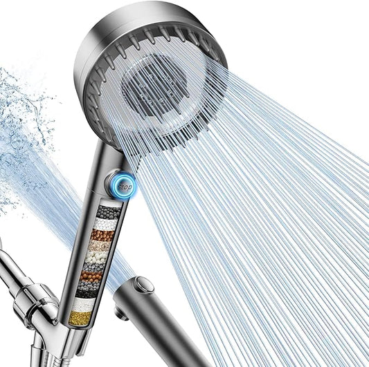 Filtered Shower Head with Handheld, High Pressure 4 Spray Mode Showerhead with Filters, Water Softener Filter Beads for Hard Water with ON/OFF Switch for Pets - Remove Chlorine (Gray)-PurrikoPets