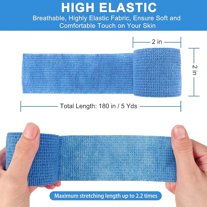 24 Pack Self Adherent Cohesive Wrap Bandages, 2” x 5 Yards Blue Athletic Tape, Medical Tape, Vet Wrap, Elastic Grip Tape for Sports Wrist Ankle Pet Ankle Swelling Sprains-PurrikoPets