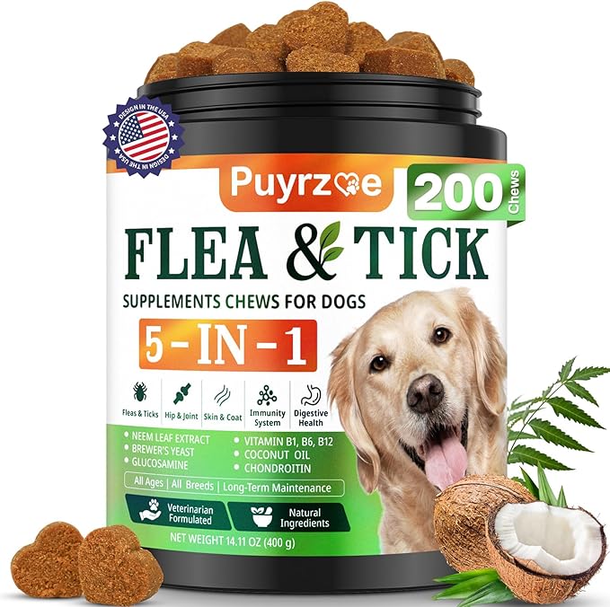 5-in-1 Dog Flea and Tick Treatment Chewable, Natural Flea and Tick Prevention for Dogs Chewable - Flea & Tick | Hip & Joint | Skin & Coat | Immunity Support | Digestive for All Breeds & Sizes-PurrikoPets