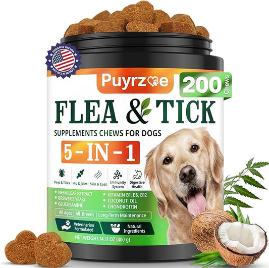 5-in-1 Dog Flea and Tick Treatment Chewable, Natural Flea and Tick Prevention for Dogs Chewable - Flea & Tick | Hip & Joint | Skin & Coat | Immunity Support | Digestive for All Breeds & Sizes-PurrikoPets