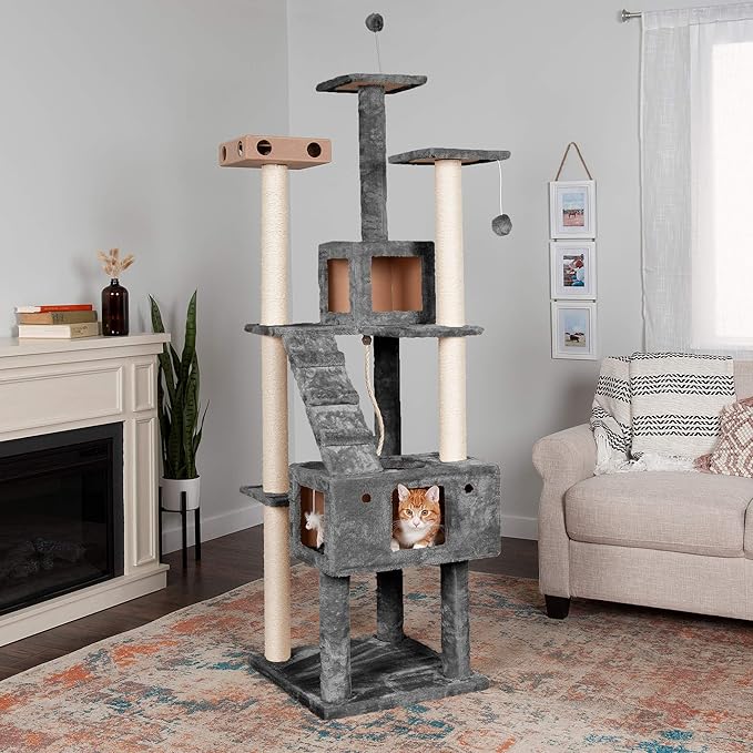 Furhaven 69.3" Tall Cat Tree for Indoor Cats, Ft. Sisal Scratching Posts, 2x Cat Condos, & Toys - Tiger Tough Double Decker Interactive Playground Tower - Silver Gray, One Size-PurrikoPets