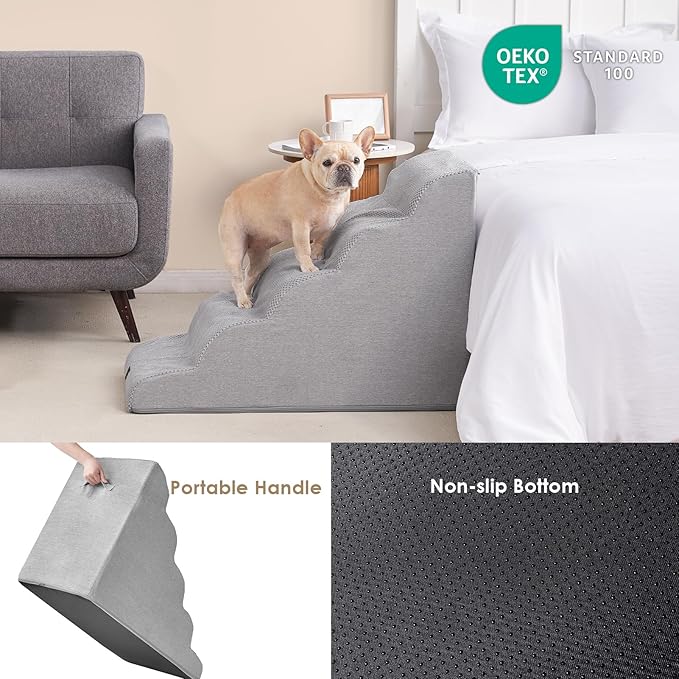 EHEYCIGA Curved Dog Stairs Ramp for High Beds, 5-Step Extra Wide Dog Steps for Small Dogs and Cats, Pet Stairs for High Bed Climbing, Non-Slip Balanced Pet Step Indoor, Light Grey-PurrikoPets