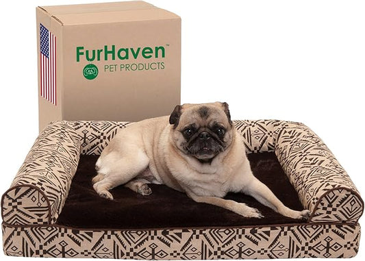 FurHaven Soft, Orthopedic Foam Sofa Dog Bed with Washable & Removable Cover - Plush/Woven - Desert Brown, Dogs Up to 35 lbs - Medium-PurrikoPets