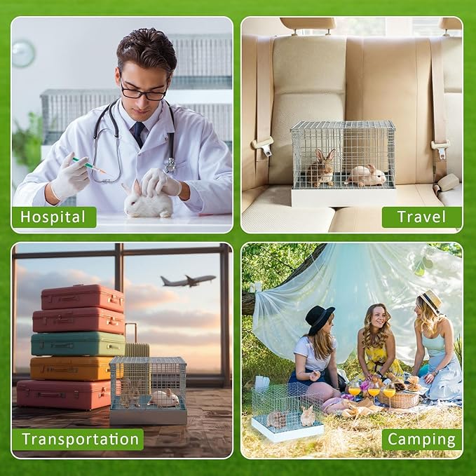 Folding Rabbit Cage, 18 x 18 x 14 in Portable Bunny Carrier with Tray and Handles for Transport, Trave or Temporary Housing, Indoor Outdoor Pet Habitat Animal Enclosure-PurrikoPets