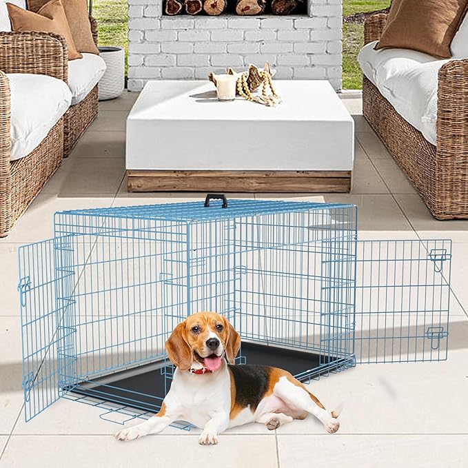 FDW Dog Crate for Medium Dogs 36 Inch Folding Metal WirePet Cage Double Door W/Divider Panel Indoor Outdoor Kennel Leak-Proof Plastic Tray,Blue-PurrikoPets