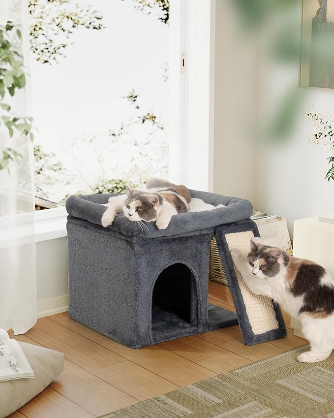 14‘’ Cat Tree Tower with Scratching Post, 20 * 16.5in Perch Bed for Large Adult Cats, Condo Cave for Indoor Small Medium Kittens, Dark Gray-PurrikoPets