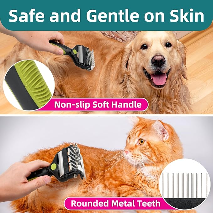 3-IN-1 Pet Grooming Tool - Undercoat Rake, Dematting Comb & Deshedding Brush for Cats & Dogs - Removes Mats, Tangles & Loose Fur, Reduces Shedding & Prevents Hair Mess (Green)-PurrikoPets