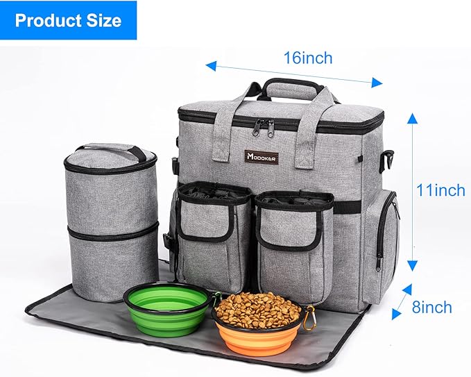 Airline Approved Dog Travel Bag with 2 Dog Treat Training Pouches, Tote Organizer for Weekend Pet Travel Supplies & Accessories, 2 Collapsible Bowls, 2 Food Container (Grey)-PurrikoPets