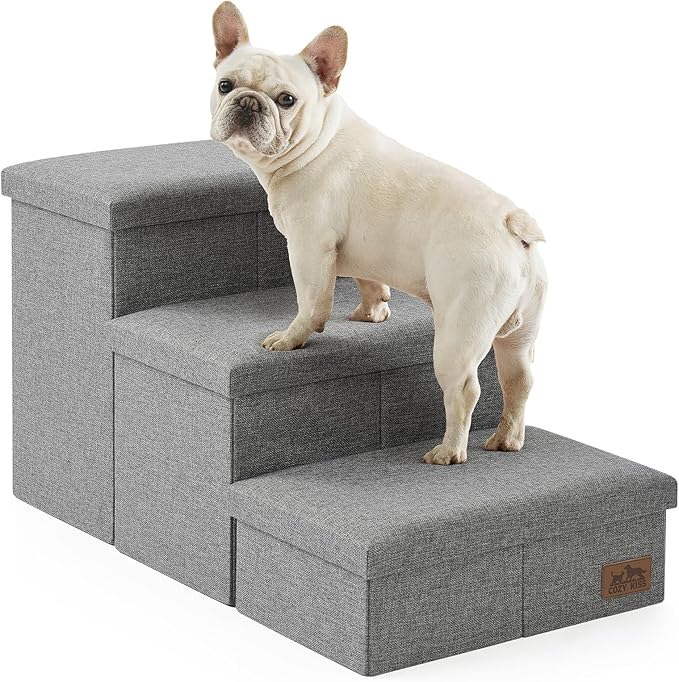Dog Stairs with Storage, 3-Step Wider Sturdy Dog Steps for Small/Medium/Large Dogs and Older Cats, Folding Doggie Ramp for Bed/Couch/Car Hold Up to 180 lbs (16.7" H, Grey)-PurrikoPets