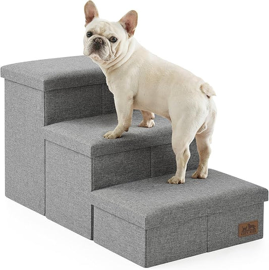 Dog Stairs with Storage, 3-Step Wider Sturdy Dog Steps for Small/Medium/Large Dogs and Older Cats, Folding Doggie Ramp for Bed/Couch/Car Hold Up to 180 lbs (16.7" H, Grey)-PurrikoPets