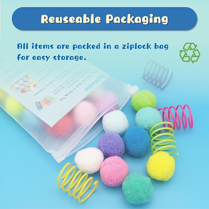 30 Pcs Premium Silent Cat Pom Pom Balls, Interactive Lightweight Assorted Colors Fuzzy Toy Balls (1.2 inches), with 4 Pcs Cat Spring Toy for Indoor Kitten Playing Exercising-PurrikoPets