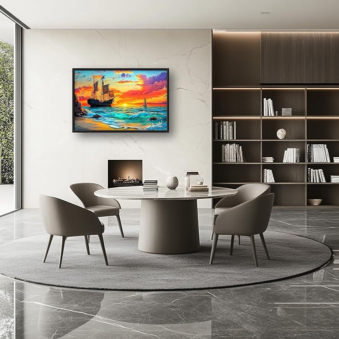 Framed Large Ship Wall Art for Living Room, Oversized Coastal Beach Boat Wall Decor Nautical Seascape Sailboat Canvas Painting Modern Artwork Home Decoration for Living Room Bedroom 36"x24"-PurrikoPets