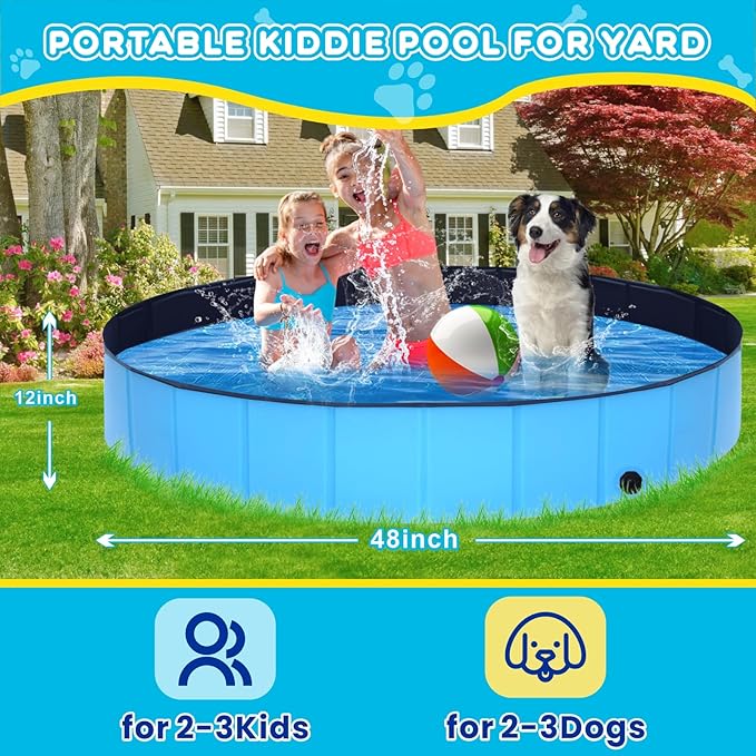 Foldable Dog Pool - 48" x 12" Anti-Slip Portable Dog Swimming Pool, Hard Plastic Collapsible Kiddie Pool for Outdoor and Indoor for Pets Dogs Cats and Kids-PurrikoPets