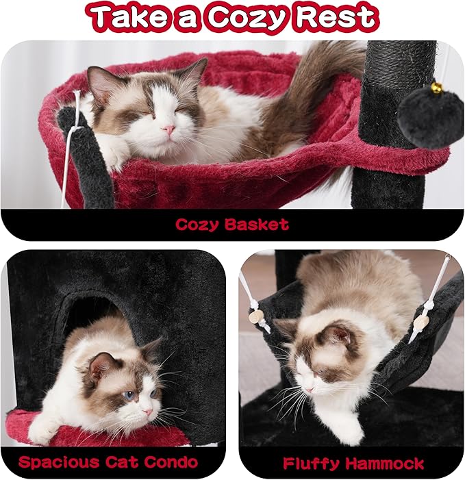 Gothic Cat Tree, Cat Tower for Large Cats with 2 Big Platforms, 2 Baskets, condo and Toys, 63" Cat Scratching Posts for Indoor Cats, Black and red GCT020BR-PurrikoPets