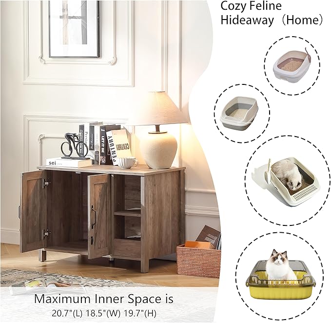 31.9'' Small Cat Litter Enclosure,Adjustable Shelf for Dog Proof and Storage,Locks Added for cat,Cat Litter Collector,Small Indoor Cat House,Grey-PurrikoPets