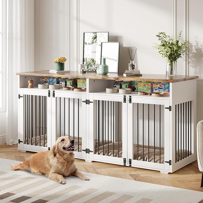 72'' Dog Crate Furniture for 2 Dogs, Wooden Dog Cage with Storage Compartment, Indoor Dog Kennel with 4 Doors for Large/Medium Dogs, White-PurrikoPets