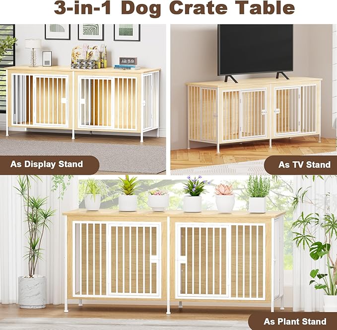 EasyCom 63" Dog Cage Furniture for 2 Pets with Divider, XL Wooden Double Dog Crate Furniture TV Stand for Mideum Breed, Durable and Sturdy-PurrikoPets