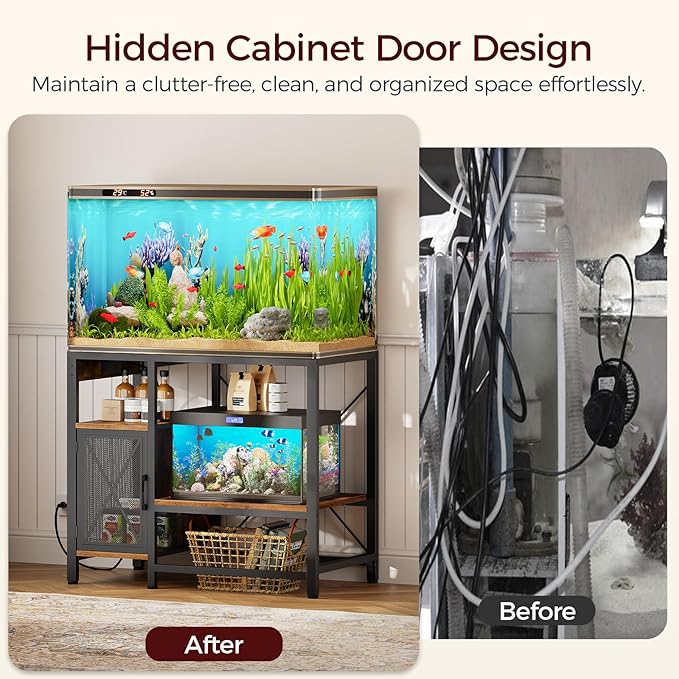 40-50 Gallon Fish Tank Stand, Aquarium Stand with Power Outlet and Storage Cabinet, Heavy Duty Tank Stand Suitable for Turtle Tank, Reptile Terrarium, for Home Office, Rustic Brown FTHR50E01-PurrikoPets