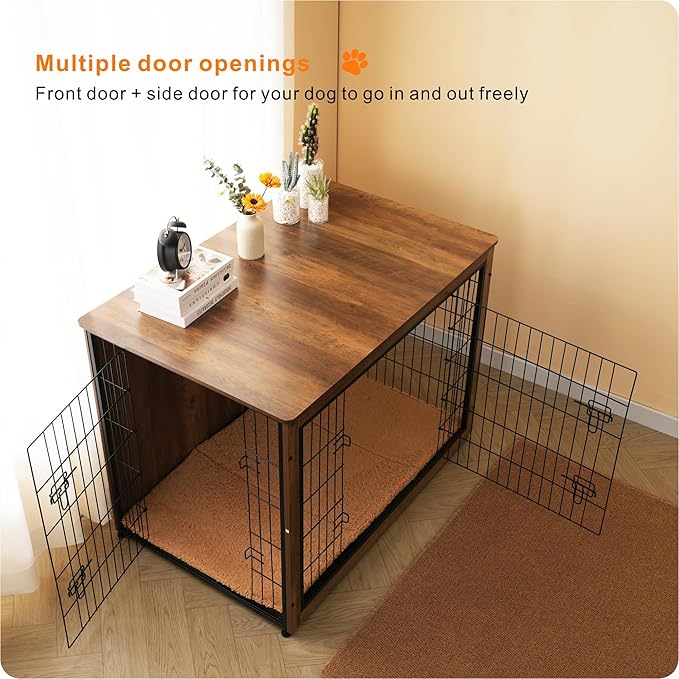DWANTON Dog Crate Furniture with Cushion, Wooden Kennel Table with Double Doors, Indoor Dog House, Extra Large, 43.3" L, Warm Brown-PurrikoPets