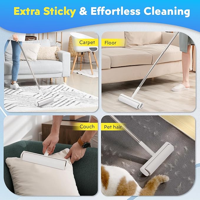 9.49'' Large Lint Rollers for Carpet and Floor, Extra Sticky Giant Rollers with 50'' Long Handle for Carpets, Couch, Floor, Clothing, and Pet Hair Cleaning(1 Pack Floor Roller)-PurrikoPets
