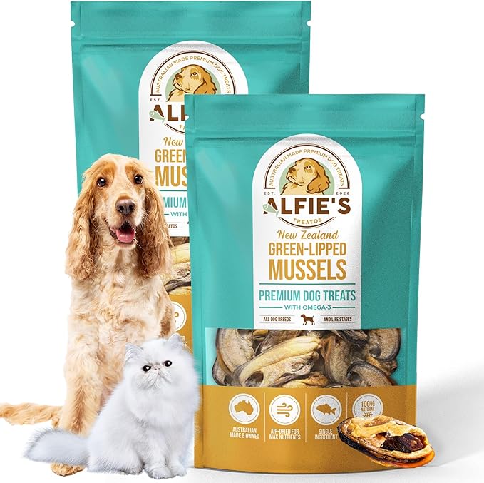 ALFIE'S TREATOS Green Lipped Mussels for Dogs & Cats (5.3 oz, 2x2.65 oz), Value Bundle, Air-Dried Dog Treats, Natural Supplement & Omega-3 Food Topper, Single Ingredient, Freeze-Dried Alternative-PurrikoPets