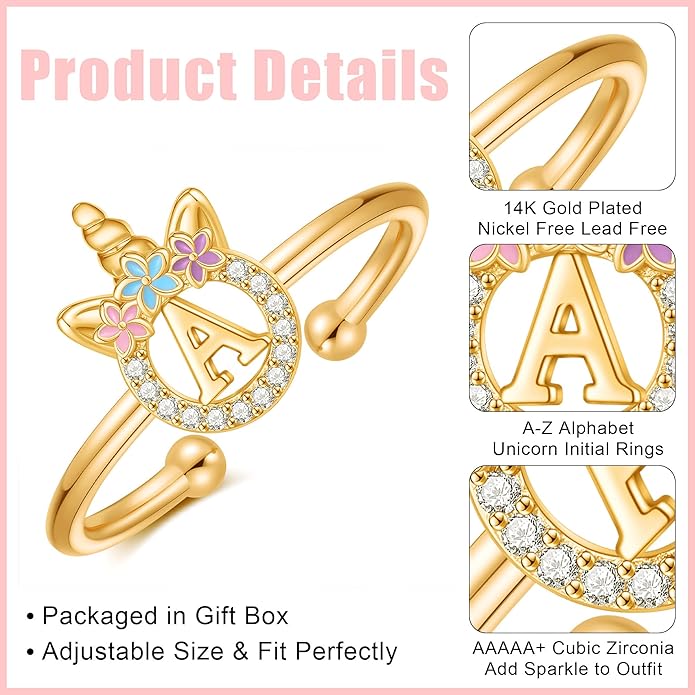 Unicorn Rings Gifts for Girls - Adjustable Initial Ring Dainty Cute Unicorn Rings for Girl Teens Little Girls Jewelry Birthday Gift