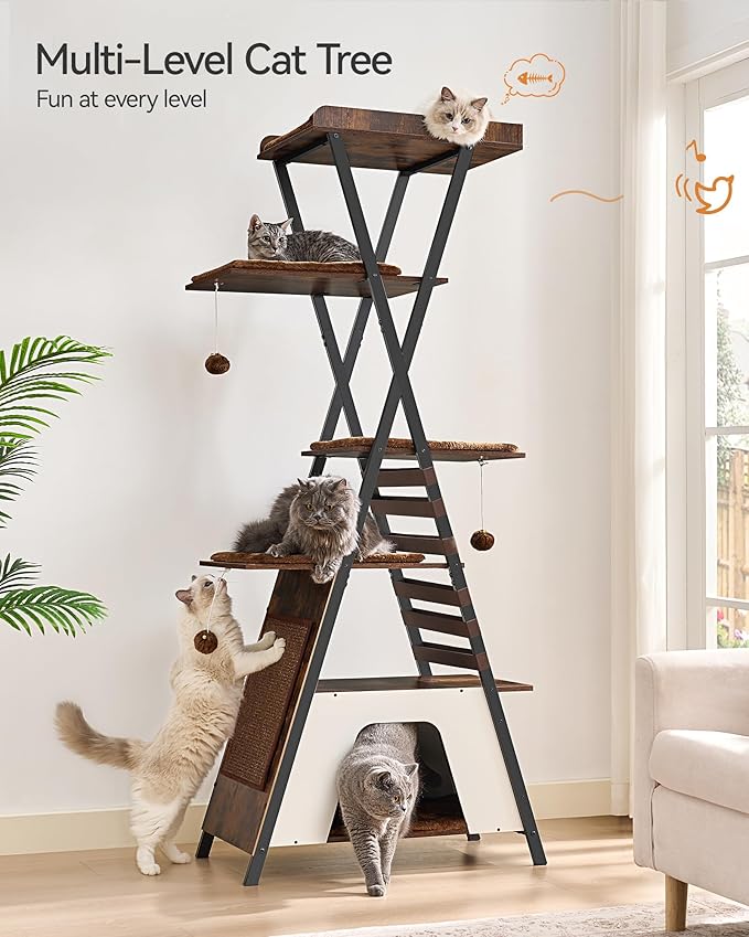 FourFurPets 72.4" Modern Cat Tower for Indoor Cats - Multi-Level Condo With Caves, Tall Tree With Scratching Board, Wooden Tower With Large Perch, Removable Pads, Rustic Brown-PurrikoPets