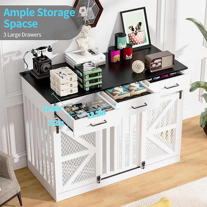 48'' Dog Crate Furniture with Divider&Storage Drawers, Wooden Double Dog Kennel Furniture End Table with Sliding Barn Doors, White Double Dog Crate TV Stand-PurrikoPets