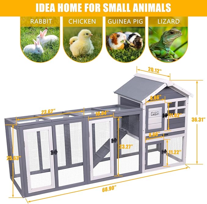 GEGURI Large Rabbit Hutch Indoor Outdoor Chicken Coop Wooden Bunny Cage with Waterproof Roof-PurrikoPets