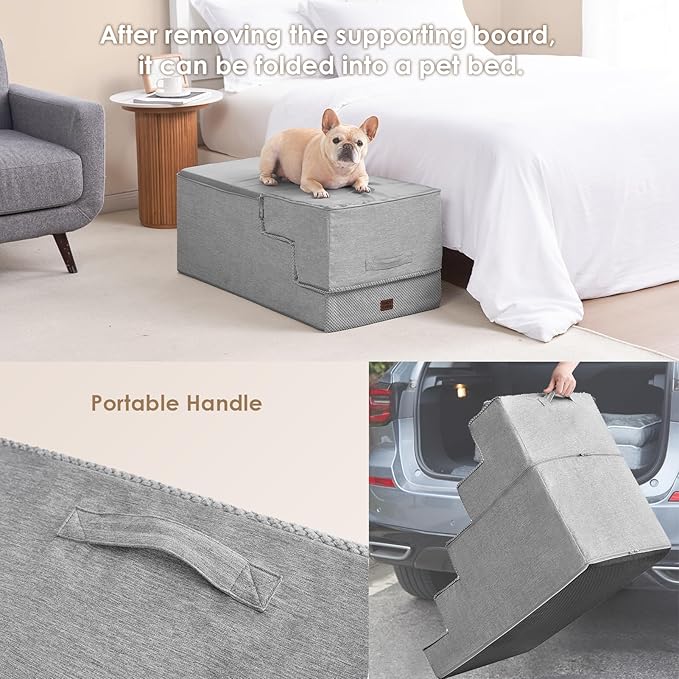 EHEYCIGA Dog Stairs for High Bed 25" H, 5-Step Extra Wide Dog Steps for Bed, Pet Steps for Small Dogs and Cats, Non-Slip Balanced Pet Ramp Indoor, Light Grey-PurrikoPets