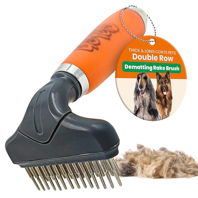 GoPets Double Row Dematting Rake, Undercoat Grooming Tool for Thick and Long Coat Pets, Ideal for Sensitive Skin, Reduces Breakage, Supports Daily Shedding Control, Detangler for Dogs and Cats-PurrikoPets