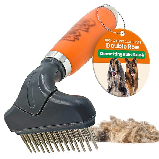 GoPets Double Row Dematting Rake, Undercoat Grooming Tool for Thick and Long Coat Pets, Ideal for Sensitive Skin, Reduces Breakage, Supports Daily Shedding Control, Detangler for Dogs and Cats-PurrikoPets
