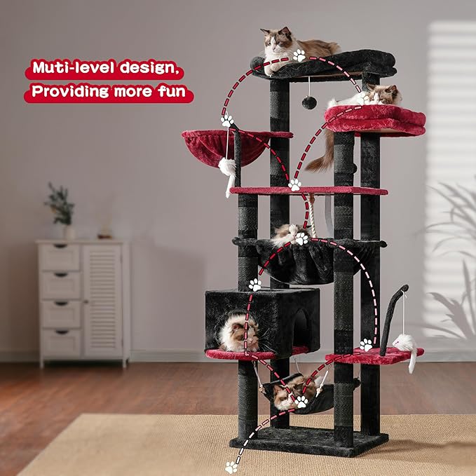 Gothic Cat Tree, Cat Tower for Large Cats with 2 Big Platforms, 2 Baskets, condo and Toys, 63" Cat Scratching Posts for Indoor Cats, Black and red GCT020BR-PurrikoPets