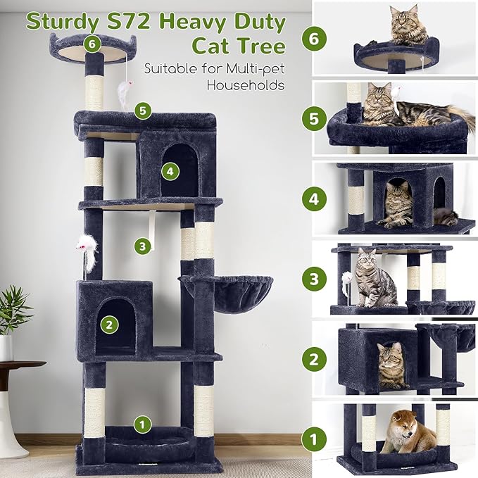 Globlazer Heavy Duty Cat Trees for Large Cats, Sturdy 72in Maine Coon Cat Tree for Large Cats 20 lbs+ Heavy Duty Cat Tower for Adult Biggest Cat with 6 Scratching Posts, Hammock, S72, Smoky Gray-PurrikoPets
