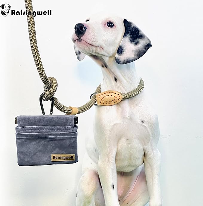 Dog Treat Pouch, Small Cotton Pocket Sized Training Holder, Hand Free Walking Fanny Bag with Carabiner, Self-Closing Pet Feed Snack Reward, Behavior Aids for Puppy Travel or Outdoor (Grey)-PurrikoPets