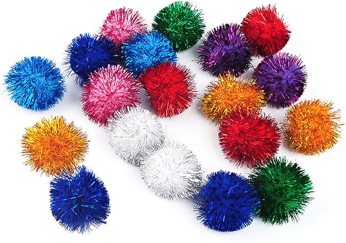 20 Pack 2 Inches Sparkle Balls for Cats, Large Size, Glitter Pom Poms Fuzzy Balls for Cats, Kitten Indoor Assorted Color Random-PurrikoPets