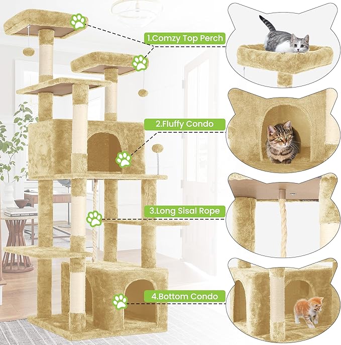 69in Large Cat Tree Tower for Indoor Cats with Soft Plush Hang Ball, Two Condos, Sisal Scratch Posts & Rope Play for Kittens/Adult Cats, Beige-PurrikoPets