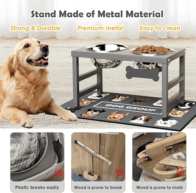 Elevated Dog Bowls, 10" Tall Height, Raised Bowl Stand with 2 Stainless Steel Food Feeder Bowls (58oz) and Spill-Proof Mat for Medium Large and Small Breeds, Grey-PurrikoPets