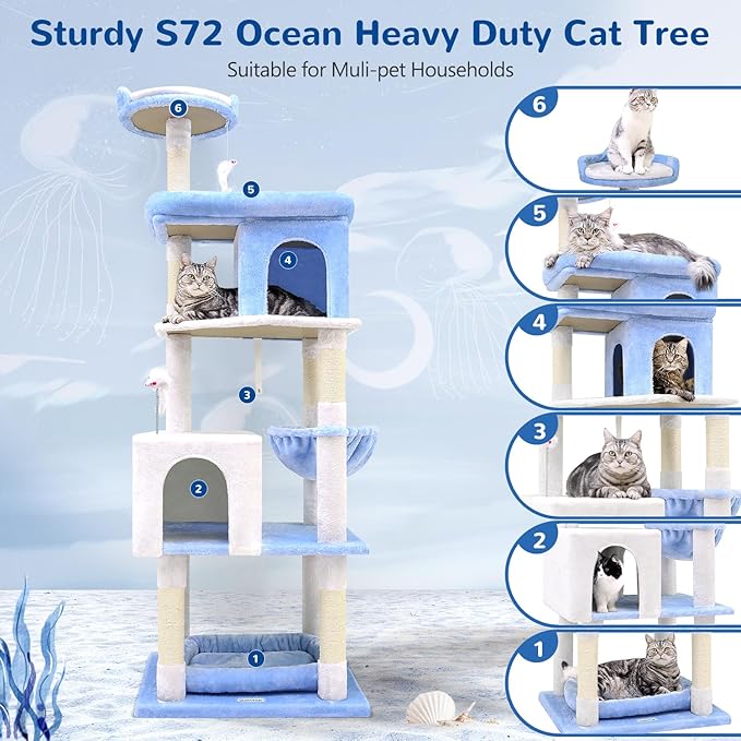 Globlazer Heavy Duty Cat Trees for Large Cats, Sturdy 72in Maine Coon Cat Tree for Large Cats 20 lbs+ Heavy Duty Cat Tower for Adult Biggest Cat with 6 Scratching Posts, Hammock, S72, Ocean Blue-PurrikoPets