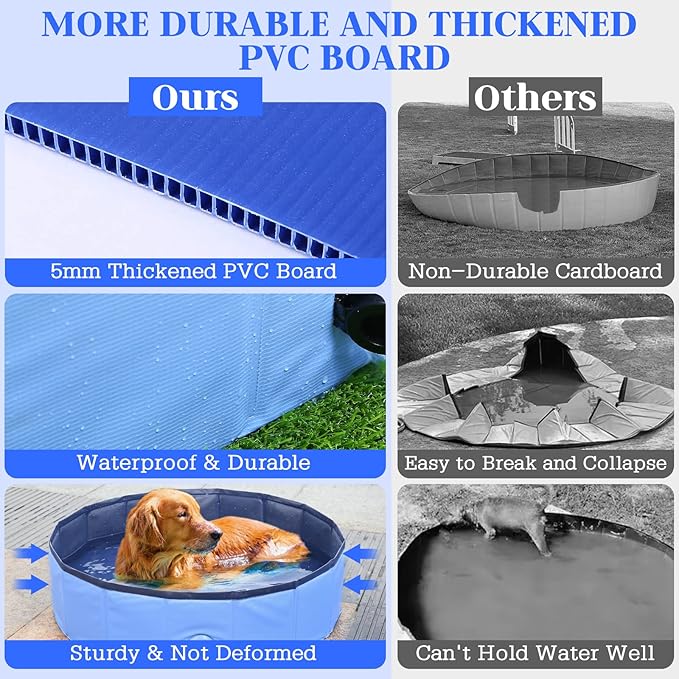 Foldable Dog Bath Swimming Pool Plastic Kiddie Pool Professional Tub Collapsible Grooming Bathtub for Pets Kids Baby and Toddler, 63 x 12 Inches Blue-PurrikoPets