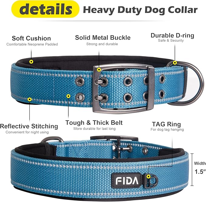 Fida Heavy Duty Dog Collar 1.5” Width, Ultra Soft Neoprene Padded, Adjustable Reflective Nylon Pet Collar with Two Metal Pin Belt Buckle for Extra-Large Breeds (XL, Blue)-PurrikoPets