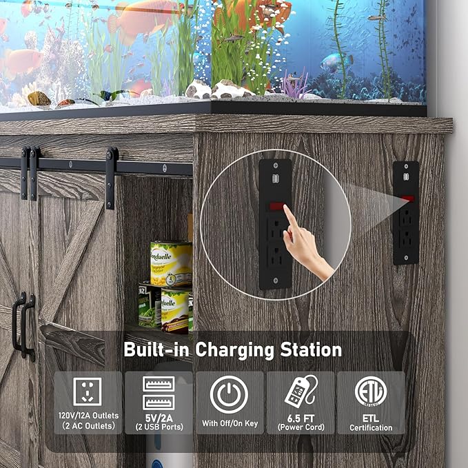 Farmhouse 55-75 Gallon Fish Tank Stand with Power Outlet, Aquarium Stand with Cabinet&Sliding Barn Door, Heavy Duty Reptile Tank Stand for 2 Fish Tank/Turtle Tank/Reptile Terrarium, Grey-PurrikoPets