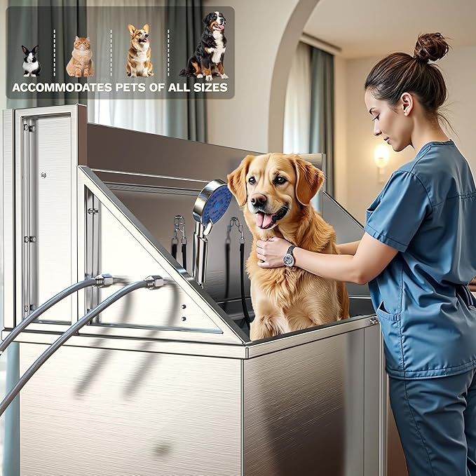 DWVO Professional Dog Bathing Station Stainless Steel 304 Dog Bathtub 50in for Grooming w/Left Door Ramp, 2 Storage Drawers, Faucet, Grate, Pet Washing Station for Large, Medium, Small Pets-PurrikoPets