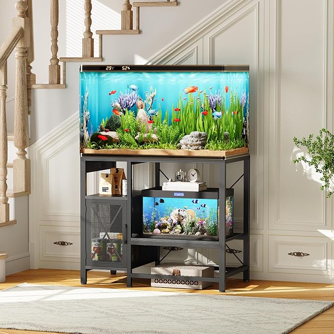 40-50 Gallon Fish Tank Stand, Aquarium Stand with Power Outlet and Storage Cabinet, Heavy Duty Tank Stand Suitable for Turtle Tank, Reptile Terrarium, for Home Office, Black FTBK50E01-PurrikoPets