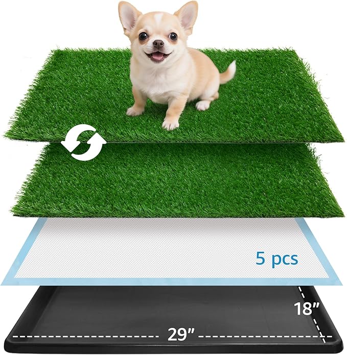 Dog Grass pad with Tray,29”x 18” Indoor Dog Potty with 2 Packs Replacement Artificial Fake Grass-5 Packs Disposable Puppy Pads,for Puppy Training Apartment,Apartment Use-PurrikoPets